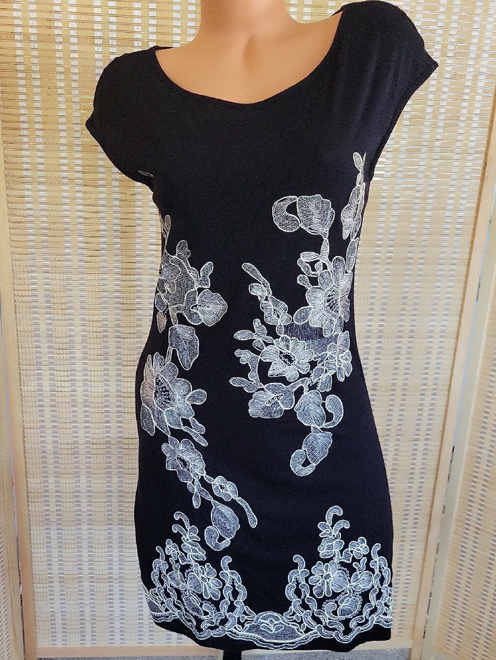 INC International Concepts Black Dress with White Floral Lace Print